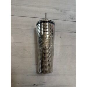 Starbucks holiday silver mirror grid 24oz cold drink tumbler 2023